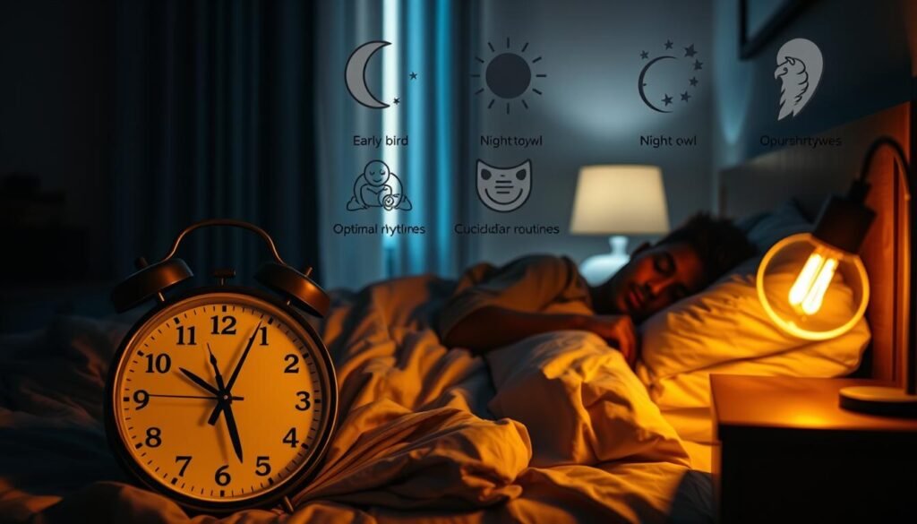 A dimly lit bedroom at night, with a figure sleeping peacefully in bed. The room is bathed in a warm, golden glow from a bedside lamp, casting gentle shadows across the sheets. In the foreground, an analog clock with hands indicating different sleep cycle phases - early bird, night owl, and two other distinct chronotypes. The background features abstract symbols and illustrations representing the four sleep chronotypes, their unique characteristics, and how they relate to circadian rhythms. The overall atmosphere is calming, introspective, and invites the viewer to reflect on their own sleep patterns and optimal routines.