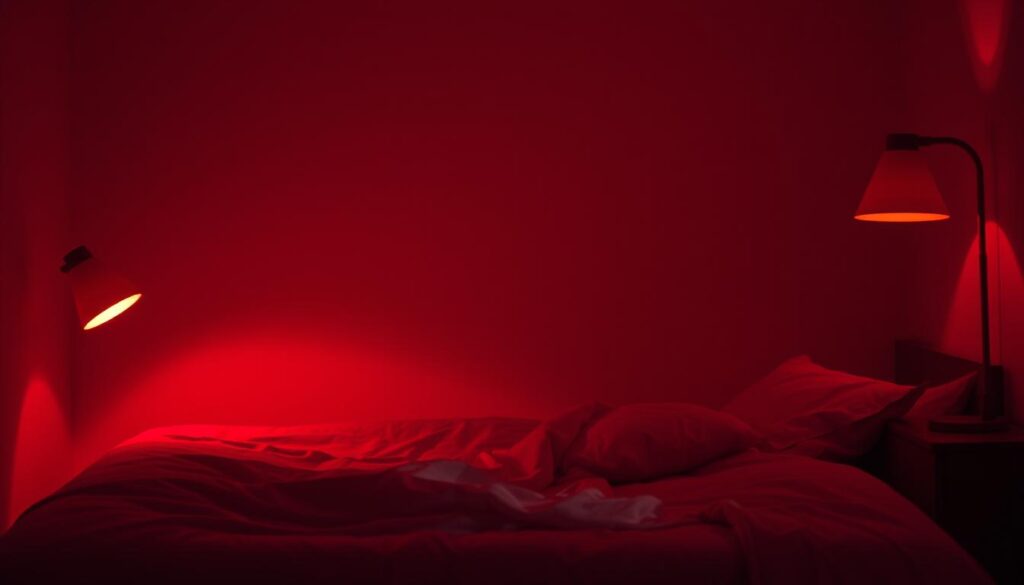 A dimly lit bedroom, bathed in a soft, ruby-red glow. The ambient light from a red-shaded lamp casts a warm, therapeutic hue across the serene scene. A comfortable bed, with crisp, white linens, beckons for a restful night's sleep. Shadows dance gently on the walls, creating a calming, almost meditative atmosphere. The air is still, and the only sound is the gentle hum of the lamp. The composition emphasizes the tranquility and restorative power of red light exposure before bedtime, hinting at the scientific research on its benefits for improved sleep quality and duration.