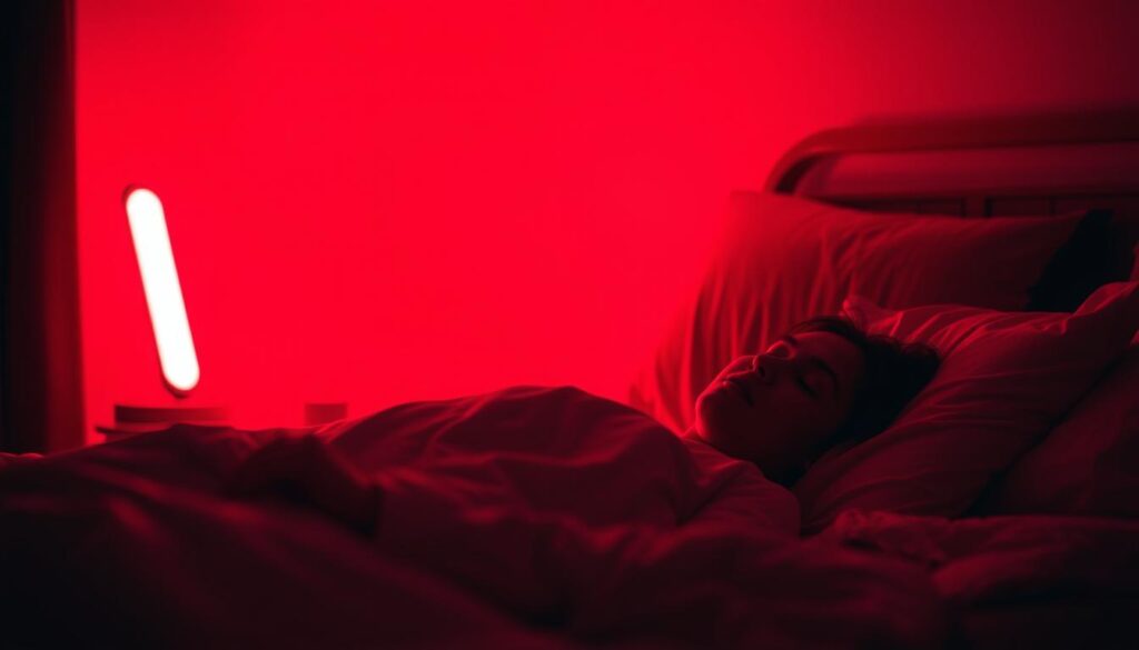 A dimly lit bedroom scene, the air softly bathed in a warm, reddish glow. In the foreground, a person rests peacefully on a bed, their face and body illuminated by the gentle crimson light. A bedside table with a small red light lamp casts a soothing radiance, creating a tranquil, sleep-inducing atmosphere. In the background, the room is slightly obscured, hinting at a cozy, comfortable space designed for relaxation. The scene conveys a sense of calm, rejuvenation, and the restorative power of red light therapy before bedtime.