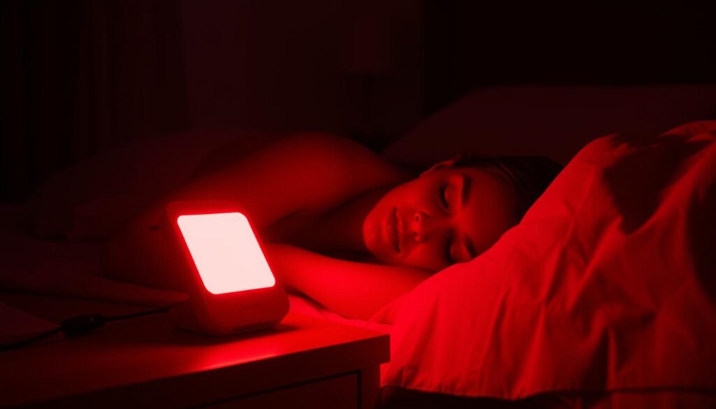 A dimly lit bedroom scene with a person resting on their side, bathed in a soft, warm red glow. The room is dark, with subtle shadows and highlights creating a cozy, serene atmosphere. In the foreground, a bedside table holds a compact, contemporary red light therapy device, its gentle illumination reflecting off the nearby surfaces. The middle ground features the person's face and upper body, their expression relaxed and peaceful. In the background, the room is minimally furnished, with clean lines and muted tones, creating a calming, uncluttered environment. The overall mood is one of tranquility and restorative rest, reflecting the benefits of red light therapy for sleep.