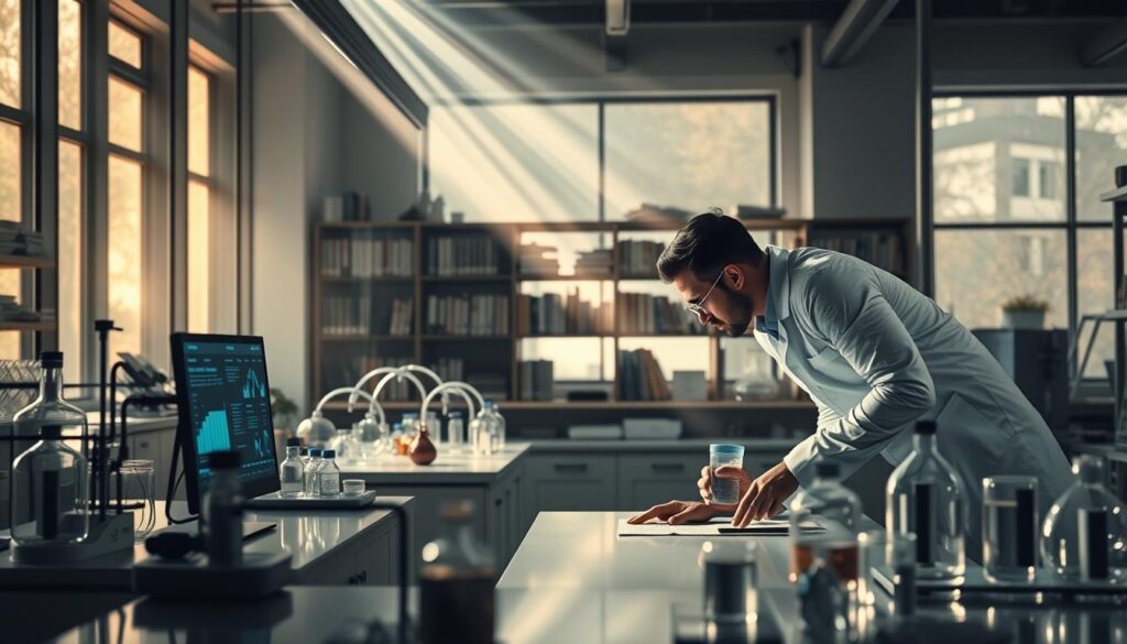 A dimly lit laboratory setting, with an array of scientific instruments and glassware on sleek, modern workbenches. In the foreground, a researcher in a white lab coat leans over a computer screen, analyzing complex data visualizations. The background features shelves stocked with reference books and medical journals, casting a soft, warm glow. Beams of light filter in through large windows, illuminating the space with a serene, clinical atmosphere. The overall scene conveys a sense of meticulous, cutting-edge research into the latest advancements in NAD+ supplementation and its therapeutic applications. A dimly lit laboratory setting, with an array of scientific instruments and glassware on sleek, modern workbenches. In the foreground, a researcher in a white lab coat leans over a computer screen, analyzing complex data visualizations. The background features shelves stocked with reference books and medical journals, casting a soft, warm glow. Beams of light filter in through large windows, illuminating the space with a serene, clinical atmosphere. The overall scene conveys a sense of meticulous, cutting-edge research into the latest advancements in NAD+ supplementation and its therapeutic applications.