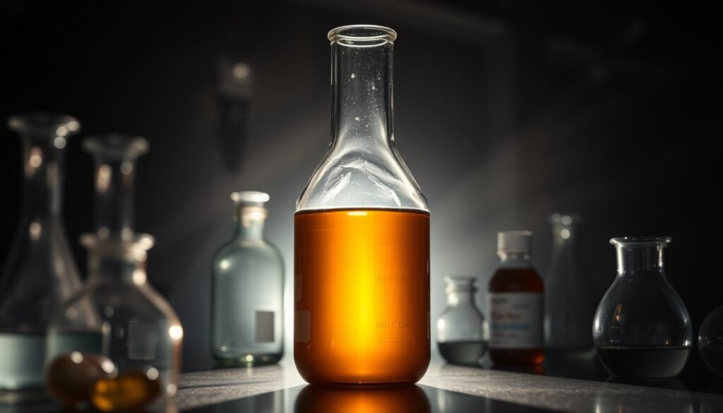 A dimly lit laboratory setting, with clinical equipment and glassware in the foreground. In the middle ground, a large glass beaker containing a viscous amber liquid, symbolizing evening primrose oil. Soft, ominous lighting casts long shadows, conveying a sense of caution and potential risk. The background is hazy, suggesting the complexities and uncertainties of the oil's effects. The overall atmosphere is one of scientific inquiry, tinged with a hint of danger, reflecting the nuances of evening primrose oil's benefits and side effects.