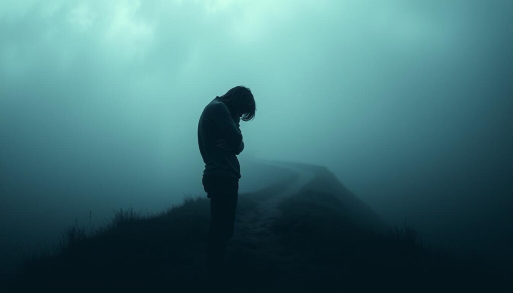 A dimly lit, melancholic landscape with an expressive figure at the center, symbolizing the emotional turmoil of anxiety and depression. The figure, rendered in muted tones, is hunched over, arms wrapped around their body, conveying a sense of overwhelming sadness and hopelessness. In the middle ground, a winding path leads into the distance, representing the journey of mental health recovery. The background is shrouded in a hazy, atmospheric mist, creating a sense of isolation and introspection. Soft, diffused lighting casts a somber glow, emphasizing the introspective mood. The overall composition evokes a sense of empathy and a desire to support those struggling with mental health challenges.