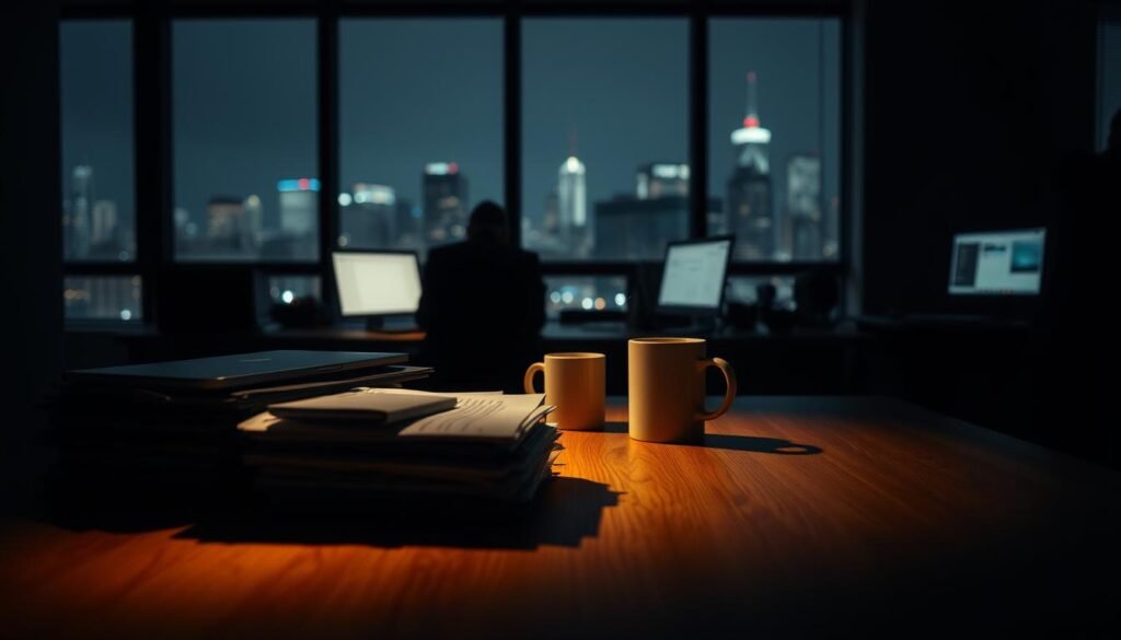A dimly lit office setting, with a large desk in the foreground illuminated by a warm, focused light. Stacks of papers, a laptop, and a mug of coffee sit atop the desk, hinting at the productive tasks underway. In the middle ground, the silhouettes of two people hunched over their workstations, their screens casting a soft glow. The background is blurred, but suggests a bustling city skyline visible through the window, indicating the late hours. The overall atmosphere conveys a sense of focused intensity, with a touch of melancholy, capturing the essence of a productivity peak time.