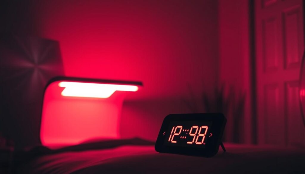 A dimly lit room with a red light therapy device positioned at the center, casting a warm, therapeutic glow. The light emanates from a sleek, modern lamp, its intensity adjustable to deliver the precise dosage required. In the foreground, a digital display shows the countdown timer, indicating the duration of the session. The background is softly blurred, creating a sense of focus and tranquility, with subtle shadows highlighting the contours of the space. The overall mood is one of relaxation and wellness, inviting the viewer to experience the restorative power of targeted red light exposure.