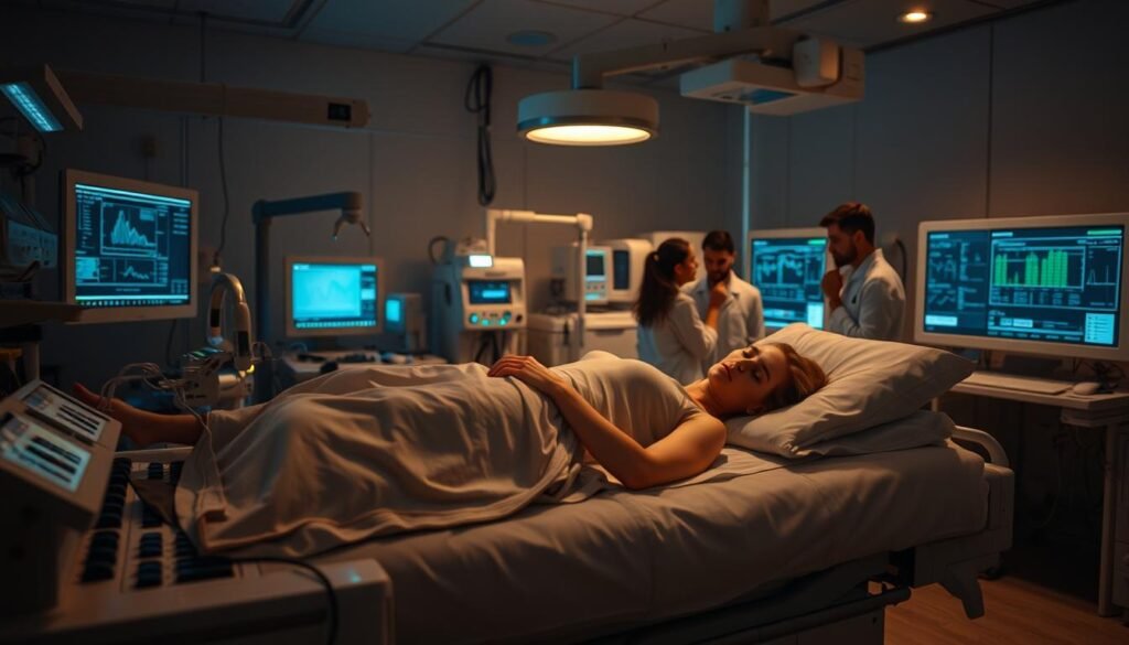 A dimly lit sleep laboratory, the air thick with a hushed, contemplative atmosphere. In the foreground, an advanced polysomnography machine with an array of sensors and electrodes, meticulously monitoring the sleep stages and patterns of a subject resting comfortably on a clinical bed. The background showcases state-of-the-art medical equipment, diagnostic displays, and a team of researchers intently studying the data, their expressions conveying the gravity and precision of their work. Soft, warm lighting casts a soothing glow, while the overall scene evokes a sense of scientific rigor and the pursuit of understanding the complexities of human sleep.