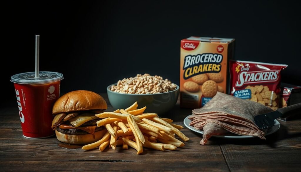 A dimly lit still life scene showcasing five unhealthy foods arranged on a rustic wooden table. In the foreground, a greasy fast-food burger, fries, and a large soft drink cup with a thick straw. The middle ground features a bowl of sugary breakfast cereal, and a plate of processed deli meats. In the background, a box of heavily salted crackers and a package of pre-packaged snack cakes. The overall scene is muted in tone, with dramatic side lighting casting shadows that emphasize the unhealthy, indulgent nature of the items. The composition draws the viewer's eye to the central cluster of fast food, creating a sense of guilt and unease. A dimly lit still life scene showcasing five unhealthy foods arranged on a rustic wooden table. In the foreground, a greasy fast-food burger, fries, and a large soft drink cup with a thick straw. The middle ground features a bowl of sugary breakfast cereal, and a plate of processed deli meats. In the background, a box of heavily salted crackers and a package of pre-packaged snack cakes. The overall scene is muted in tone, with dramatic side lighting casting shadows that emphasize the unhealthy, indulgent nature of the items. The composition draws the viewer's eye to the central cluster of fast food, creating a sense of guilt and unease.