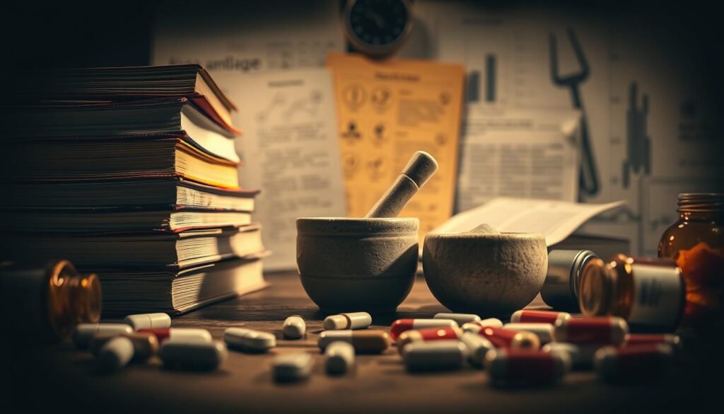 A dimly lit, vintage-inspired scene featuring a stack of medical books, a mortar and pestle, and scattered pill bottles, symbolizing the persistent myths and misconceptions around PCOS diets. The foreground is sharply focused, with a subtle vignette effect drawing the eye to the center. Soft, warm lighting illuminates the scene, creating a contemplative atmosphere. The background is slightly blurred, with hints of medical charts and research papers hinting at the deeper complexities of the condition. The overall composition conveys a sense of unraveling the myths and uncovering the truth about PCOS dietary needs. A dimly lit, vintage-inspired scene featuring a stack of medical books, a mortar and pestle, and scattered pill bottles, symbolizing the persistent myths and misconceptions around PCOS diets. The foreground is sharply focused, with a subtle vignette effect drawing the eye to the center. Soft, warm lighting illuminates the scene, creating a contemplative atmosphere. The background is slightly blurred, with hints of medical charts and research papers hinting at the deeper complexities of the condition. The overall composition conveys a sense of unraveling the myths and uncovering the truth about PCOS dietary needs.