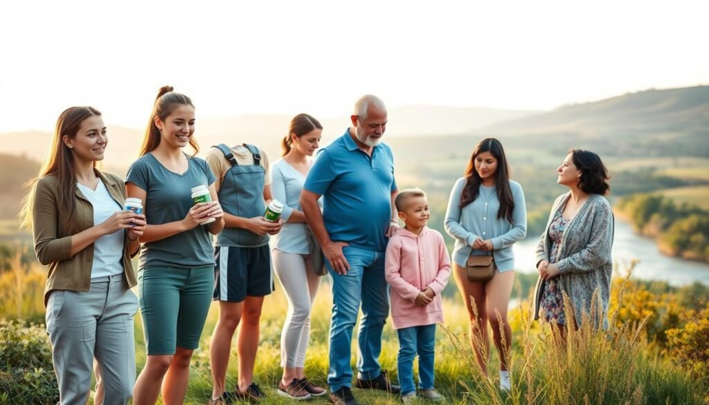 A diverse group of individuals standing in a serene, natural setting, representing the varied demographic who may benefit from adaptogens. In the foreground, a young professional woman, a middle-aged athlete, and an elderly gardener, each thoughtfully holding a different adaptogen supplement. The middle ground features a family with a child, a student, and a wellness coach, all engaged in lively discussion. In the background, a tranquil landscape with rolling hills, a flowing river, and a soft, warm lighting, conveying the holistic, restorative nature of adaptogens. The scene radiates a sense of balance, health, and vitality. A diverse group of individuals standing in a serene, natural setting, representing the varied demographic who may benefit from adaptogens. In the foreground, a young professional woman, a middle-aged athlete, and an elderly gardener, each thoughtfully holding a different adaptogen supplement. The middle ground features a family with a child, a student, and a wellness coach, all engaged in lively discussion. In the background, a tranquil landscape with rolling hills, a flowing river, and a soft, warm lighting, conveying the holistic, restorative nature of adaptogens. The scene radiates a sense of balance, health, and vitality.