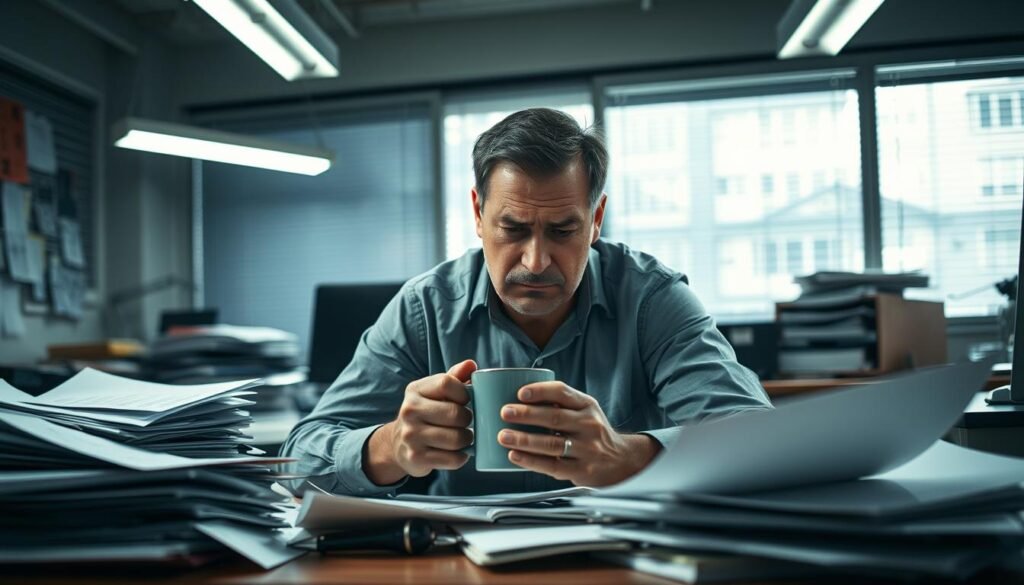 A frazzled office worker sits at a cluttered desk, papers and files strewn haphazardly. Harsh fluorescent lights cast harsh shadows, creating an atmosphere of tension and unease. The worker's face is creased with worry, hands gripping a coffee mug tightly. In the background, a looming deadline and endless emails loom, creating a palpable sense of pressure and overwhelm. Diffused light filters through the blinds, casting a gloomy, oppressive tone. The worker's posture is tense, shoulders hunched, reflecting the mental strain of juggling multiple tasks and deadlines. An unfinished project sits on the desk, a symbol of the never-ending demands of the job. A frazzled office worker sits at a cluttered desk, papers and files strewn haphazardly. Harsh fluorescent lights cast harsh shadows, creating an atmosphere of tension and unease. The worker's face is creased with worry, hands gripping a coffee mug tightly. In the background, a looming deadline and endless emails loom, creating a palpable sense of pressure and overwhelm. Diffused light filters through the blinds, casting a gloomy, oppressive tone. The worker's posture is tense, shoulders hunched, reflecting the mental strain of juggling multiple tasks and deadlines. An unfinished project sits on the desk, a symbol of the never-ending demands of the job.