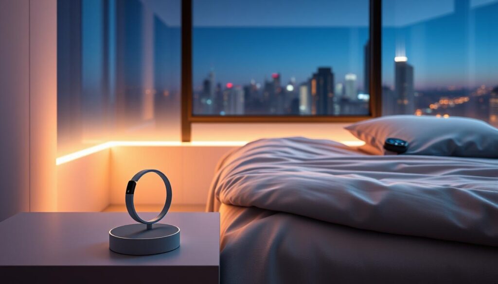 A futuristic bedroom scene showcasing the latest in sleep technology. In the foreground, a sleek and modern Oura ring and Hatch sleep light sit on a minimalist nightstand, their screens emanating a soft, ambient glow. The middle ground features a comfortable-looking bed draped in high-quality linens, with a smartwatch on the pillow tracking the user's sleep data. In the background, a large window reveals a night sky, with a city skyline visible in the distance, symbolizing the integration of sleep tech into our modern, connected lives. The lighting is warm and subdued, creating a cozy and relaxing atmosphere, while the overall composition conveys a sense of harmony between technology and rest. A futuristic bedroom scene showcasing the latest in sleep technology. In the foreground, a sleek and modern Oura ring and Hatch sleep light sit on a minimalist nightstand, their screens emanating a soft, ambient glow. The middle ground features a comfortable-looking bed draped in high-quality linens, with a smartwatch on the pillow tracking the user's sleep data. In the background, a large window reveals a night sky, with a city skyline visible in the distance, symbolizing the integration of sleep tech into our modern, connected lives. The lighting is warm and subdued, creating a cozy and relaxing atmosphere, while the overall composition conveys a sense of harmony between technology and rest.