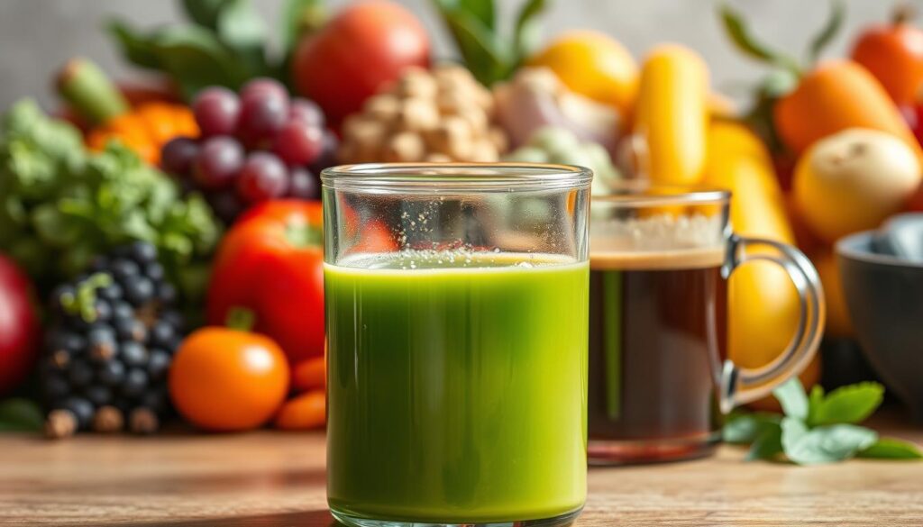 A glass beaker filled with a vibrant green liquid, representing the antioxidant-rich matcha tea, in the foreground. In the middle ground, a mug of freshly brewed coffee, steam rising. In the background, an array of colorful fruits and vegetables, symbolizing the wealth of antioxidants found in a balanced diet. The lighting is warm and natural, highlighting the vibrant hues of the scene. The composition is clean and minimalist, allowing the subject matter to take center stage. The overall mood is one of health, wellness, and the contrast between the two beverages. A glass beaker filled with a vibrant green liquid, representing the antioxidant-rich matcha tea, in the foreground. In the middle ground, a mug of freshly brewed coffee, steam rising. In the background, an array of colorful fruits and vegetables, symbolizing the wealth of antioxidants found in a balanced diet. The lighting is warm and natural, highlighting the vibrant hues of the scene. The composition is clean and minimalist, allowing the subject matter to take center stage. The overall mood is one of health, wellness, and the contrast between the two beverages.