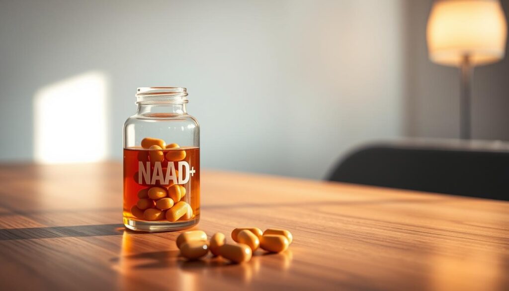 A glass bottle filled with amber liquid, meticulously crafted NAD+ supplements resting on a sleek, modern wooden table. Soft, warm lighting illuminates the scene, casting gentle shadows that accentuate the bottle's elegant contours. The supplements are neatly arranged, exuding a sense of precision and care. In the background, a blurred, minimalist backdrop creates a clean, uncluttered focus on the star of the image - the high-quality NAD+ supplements. A glass bottle filled with amber liquid, meticulously crafted NAD+ supplements resting on a sleek, modern wooden table. Soft, warm lighting illuminates the scene, casting gentle shadows that accentuate the bottle's elegant contours. The supplements are neatly arranged, exuding a sense of precision and care. In the background, a blurred, minimalist backdrop creates a clean, uncluttered focus on the star of the image - the high-quality NAD+ supplements.