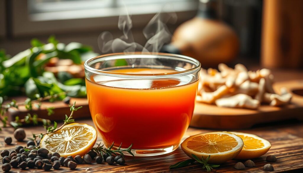 A glass bowl filled with rich, golden-brown bone broth, steam rising gently. In the foreground, an array of whole peppercorns, sprigs of fresh thyme, and a slice of lemon add depth and complexity. The middle ground features a cutting board with shredded chicken and wilted greens, a testament to the broth's versatility. The background is blurred, but hints at a cozy, well-lit kitchen, evoking a sense of nourishment and wellness. Soft, diffused lighting casts a warm glow, emphasizing the broth's inviting hue and the natural, wholesome ingredients. The overall scene conveys the health benefits and limitations of bone broth, a restorative elixir. A glass bowl filled with rich, golden-brown bone broth, steam rising gently. In the foreground, an array of whole peppercorns, sprigs of fresh thyme, and a slice of lemon add depth and complexity. The middle ground features a cutting board with shredded chicken and wilted greens, a testament to the broth's versatility. The background is blurred, but hints at a cozy, well-lit kitchen, evoking a sense of nourishment and wellness. Soft, diffused lighting casts a warm glow, emphasizing the broth's inviting hue and the natural, wholesome ingredients. The overall scene conveys the health benefits and limitations of bone broth, a restorative elixir.