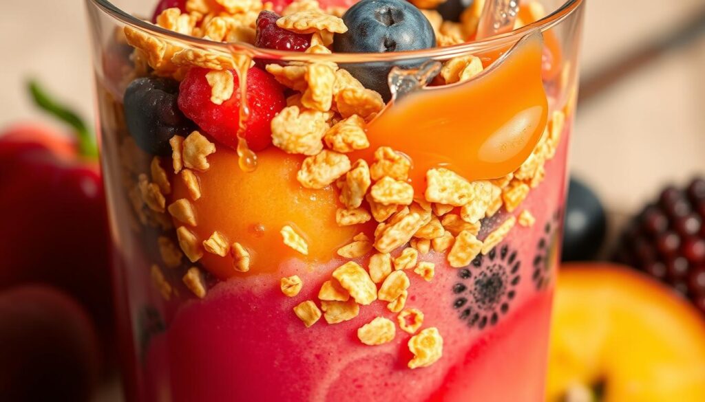 A glass smoothie cup overflowing with an array of colorful fruits, hidden beneath a deceptively healthy-looking surface. Shards of sugary granola, drizzles of honey, and a splash of fruit juice creating a tangled web of sweetness. The lighting casts a soft, warm glow, accentuating the illusion of a nutritious treat. A stark contrast emerges as the camera zooms in, revealing the true sugar content lurking within, a cautionary tale of the hidden traps in seemingly innocent smoothies. A glass smoothie cup overflowing with an array of colorful fruits, hidden beneath a deceptively healthy-looking surface. Shards of sugary granola, drizzles of honey, and a splash of fruit juice creating a tangled web of sweetness. The lighting casts a soft, warm glow, accentuating the illusion of a nutritious treat. A stark contrast emerges as the camera zooms in, revealing the true sugar content lurking within, a cautionary tale of the hidden traps in seemingly innocent smoothies.