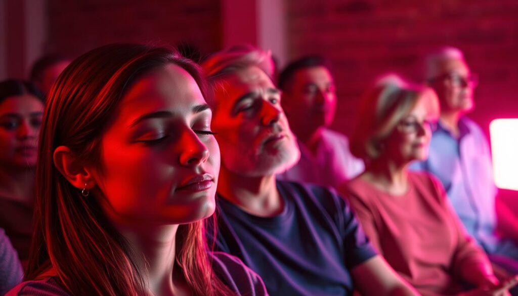 A group of diverse people, illuminated by warm, red-tinted lighting, gathered in a serene, contemplative setting. In the foreground, a young woman rests her eyes, her face bathed in the soothing glow. In the middle ground, a middle-aged man meditates, his posture relaxed. In the background, an older couple enjoys a quiet conversation, their expressions calm and content. The overall atmosphere is one of tranquility and rejuvenation, suggesting the potential benefits of red light therapy for those seeking improved sleep, reduced stress, and enhanced well-being.