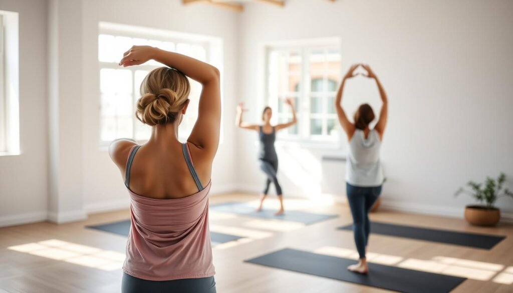 A group of women practicing gentle, flowing lymphatic yoga poses in a serene, sun-dappled studio. The foreground features a woman stretching her arms overhead, lymphatic drainage channels highlighted. In the middle ground, two others move through a sequence of mindful, undulating movements, stimulating the lymphatic system. The background shows a minimalist space with whitewashed walls, natural light filtering in through large windows. An atmosphere of calm, focus, and bodily awareness pervades the scene.