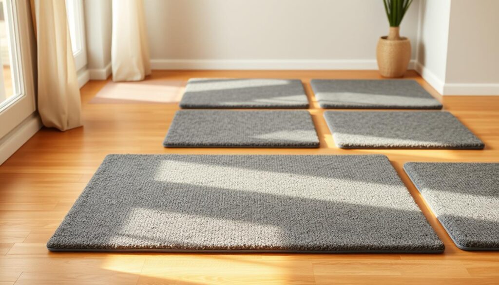 A high-quality, ultra-realistic image of a set of sturdy, gray rectangular mats arranged on a wooden floor in a well-lit, cozy indoor setting. The mats have a textured, slightly cushioned surface and a slightly reflective sheen. The lighting is warm and diffuse, creating soft shadows and highlights that accentuate the mats' materiality. The camera angle is slightly elevated, providing a clean, unobstructed view of the mats. The background is a neutral, harmonious color palette that complements the mats without distracting from them. The overall composition is balanced and visually appealing, showcasing the mats as the central focus of the image. A high-quality, ultra-realistic image of a set of sturdy, gray rectangular mats arranged on a wooden floor in a well-lit, cozy indoor setting. The mats have a textured, slightly cushioned surface and a slightly reflective sheen. The lighting is warm and diffuse, creating soft shadows and highlights that accentuate the mats' materiality. The camera angle is slightly elevated, providing a clean, unobstructed view of the mats. The background is a neutral, harmonious color palette that complements the mats without distracting from them. The overall composition is balanced and visually appealing, showcasing the mats as the central focus of the image.