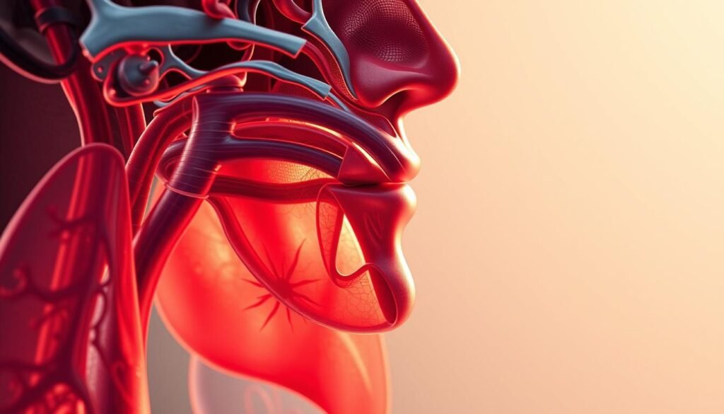 A high-resolution, hyper-detailed cross-sectional illustration of the nasal passages, diaphragm, and lungs. The viewer is presented with a cutaway view, revealing the intricate anatomy and mechanics of breathing. Warm lighting from the side accentuates the textures and structures, creating a sense of depth and dimensionality. The image is rendered with a scientific, educational style, prioritizing anatomical accuracy over stylization. The focus is on showcasing the interconnected nature of the respiratory system, from the nose to the alveoli, to convey the importance of proper breathing mechanics. A high-resolution, hyper-detailed cross-sectional illustration of the nasal passages, diaphragm, and lungs. The viewer is presented with a cutaway view, revealing the intricate anatomy and mechanics of breathing. Warm lighting from the side accentuates the textures and structures, creating a sense of depth and dimensionality. The image is rendered with a scientific, educational style, prioritizing anatomical accuracy over stylization. The focus is on showcasing the interconnected nature of the respiratory system, from the nose to the alveoli, to convey the importance of proper breathing mechanics.