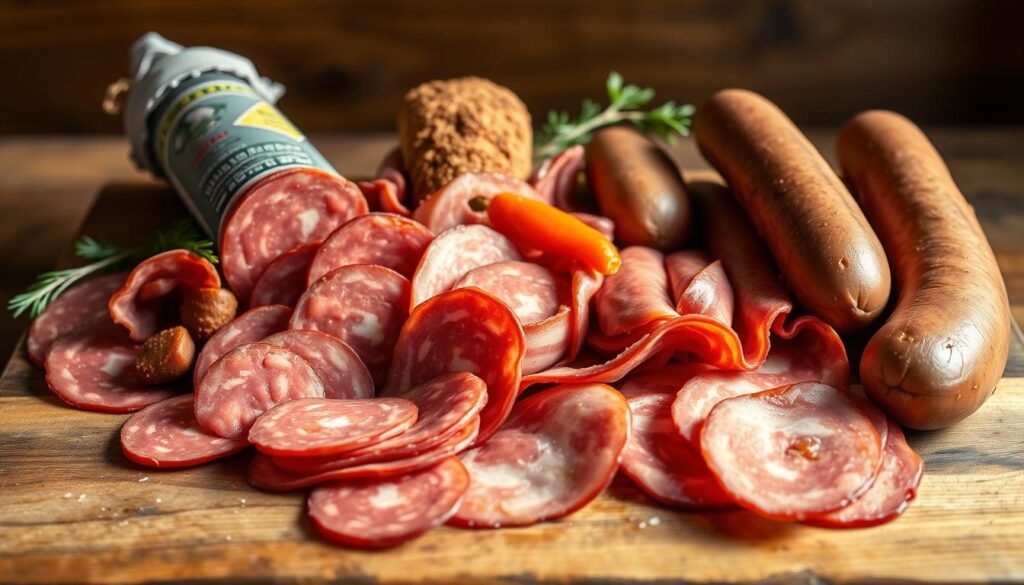 A high-resolution, photo-realistic image of an assortment of processed and cured meats, including salami, pepperoni, bacon, and sausages, arranged on a rustic wooden table or cutting board. The meats should appear freshly sliced, with visible textures and subtle variations in color. The lighting should be warm and natural, casting soft shadows to create depth and a sense of depth. The background should be slightly blurred, allowing the meats to be the focal point of the image. The overall mood should convey the unhealthy and potentially harmful nature of these processed meat products. A high-resolution, photo-realistic image of an assortment of processed and cured meats, including salami, pepperoni, bacon, and sausages, arranged on a rustic wooden table or cutting board. The meats should appear freshly sliced, with visible textures and subtle variations in color. The lighting should be warm and natural, casting soft shadows to create depth and a sense of depth. The background should be slightly blurred, allowing the meats to be the focal point of the image. The overall mood should convey the unhealthy and potentially harmful nature of these processed meat products.