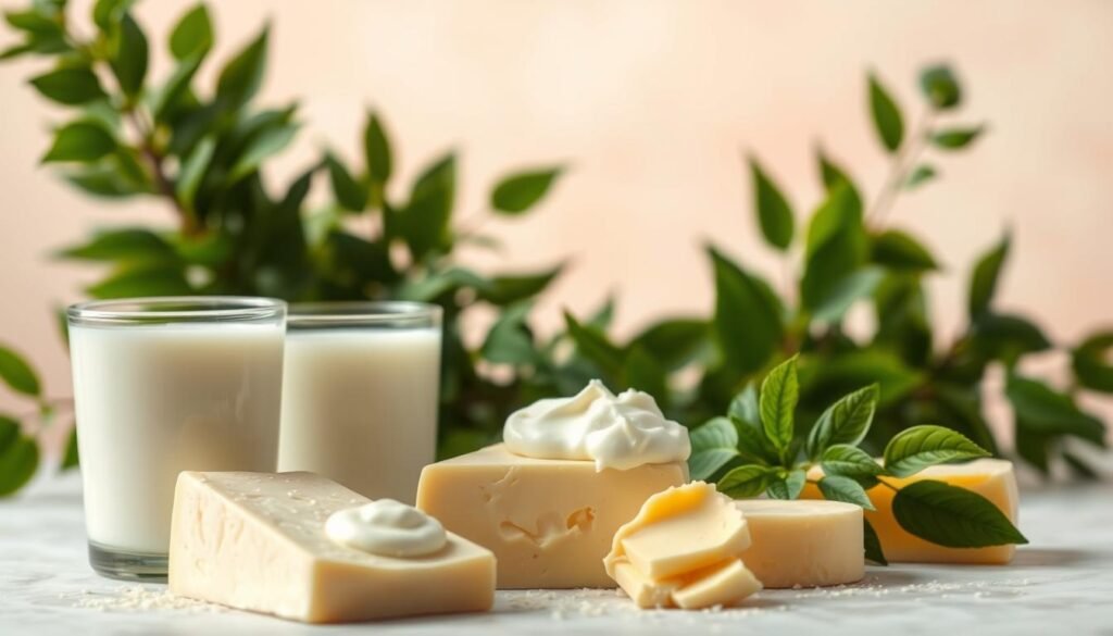 A lush, dairy-based still life against a soft, dreamy background. In the foreground, an assortment of dairy products - a glass of fresh milk, a wedge of creamy cheese, a dollop of thick yogurt, and a pat of golden butter. The lighting is warm and hazy, casting a gentle glow over the scene. In the middle ground, leafy green plants frame the dairy, suggesting a sense of balance and harmony. The background fades into a blurred, pastel-tinted setting, conveying a sense of tranquility and acceptance. The overall mood is one of nourishment, comfort, and the celebration of dairy as a wholesome, natural part of a PCOS-friendly diet. A lush, dairy-based still life against a soft, dreamy background. In the foreground, an assortment of dairy products - a glass of fresh milk, a wedge of creamy cheese, a dollop of thick yogurt, and a pat of golden butter. The lighting is warm and hazy, casting a gentle glow over the scene. In the middle ground, leafy green plants frame the dairy, suggesting a sense of balance and harmony. The background fades into a blurred, pastel-tinted setting, conveying a sense of tranquility and acceptance. The overall mood is one of nourishment, comfort, and the celebration of dairy as a wholesome, natural part of a PCOS-friendly diet.