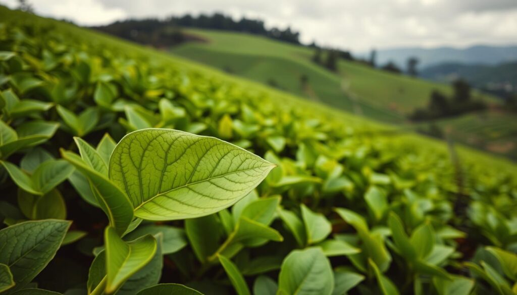 A lush, vibrant field of meticulously cultivated matcha tea plants, with their deep green leaves glistening under the soft, diffused lighting of an overcast sky. In the foreground, a close-up view of a single, perfectly formed matcha leaf, its intricate vein structure and velvet-like texture captured in stunning detail. The middle ground reveals rows of neatly trimmed bushes, their symmetry and order suggesting the dedication and care required to produce high-quality matcha. In the background, the gentle slopes of a picturesque Japanese landscape provide a serene, natural backdrop, hinting at the rich cultural heritage and tradition behind this remarkable superfood. A lush, vibrant field of meticulously cultivated matcha tea plants, with their deep green leaves glistening under the soft, diffused lighting of an overcast sky. In the foreground, a close-up view of a single, perfectly formed matcha leaf, its intricate vein structure and velvet-like texture captured in stunning detail. The middle ground reveals rows of neatly trimmed bushes, their symmetry and order suggesting the dedication and care required to produce high-quality matcha. In the background, the gentle slopes of a picturesque Japanese landscape provide a serene, natural backdrop, hinting at the rich cultural heritage and tradition behind this remarkable superfood.