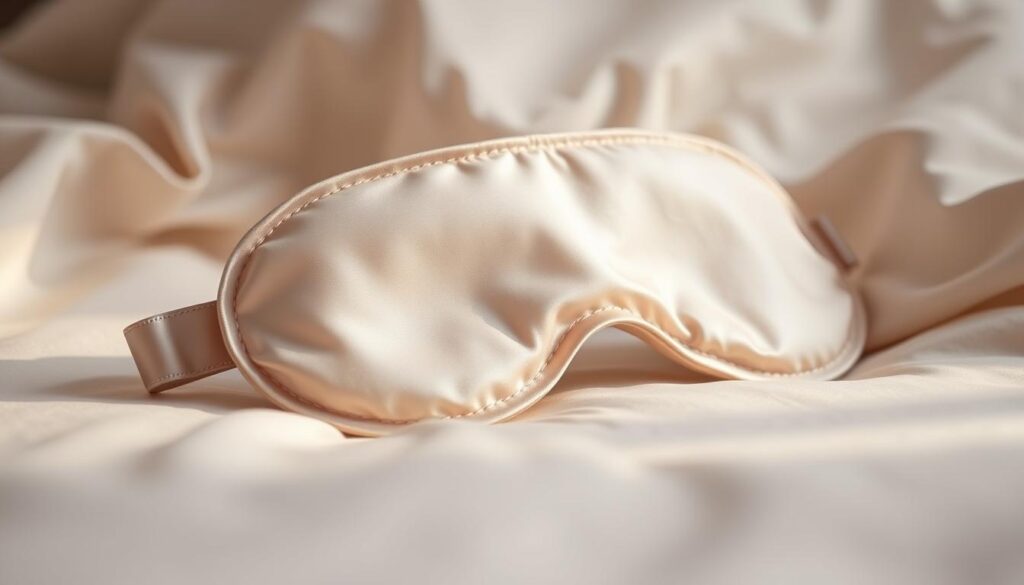 A luxurious silk eye mask resting on a soft, light-colored surface. The mask is made of high-quality, smooth silk in a neutral tone, with delicate stitching along the edges. It is slightly curved, creating a gentle, eye-flattering shape. The lighting is soft and diffused, casting a warm, inviting glow on the mask. The background is blurred, allowing the mask to be the focus of the image. The overall mood is one of relaxation, comfort, and gentle elegance, perfectly capturing the essence of using a silk eye mask for skincare and sleep. A luxurious silk eye mask resting on a soft, light-colored surface. The mask is made of high-quality, smooth silk in a neutral tone, with delicate stitching along the edges. It is slightly curved, creating a gentle, eye-flattering shape. The lighting is soft and diffused, casting a warm, inviting glow on the mask. The background is blurred, allowing the mask to be the focus of the image. The overall mood is one of relaxation, comfort, and gentle elegance, perfectly capturing the essence of using a silk eye mask for skincare and sleep.