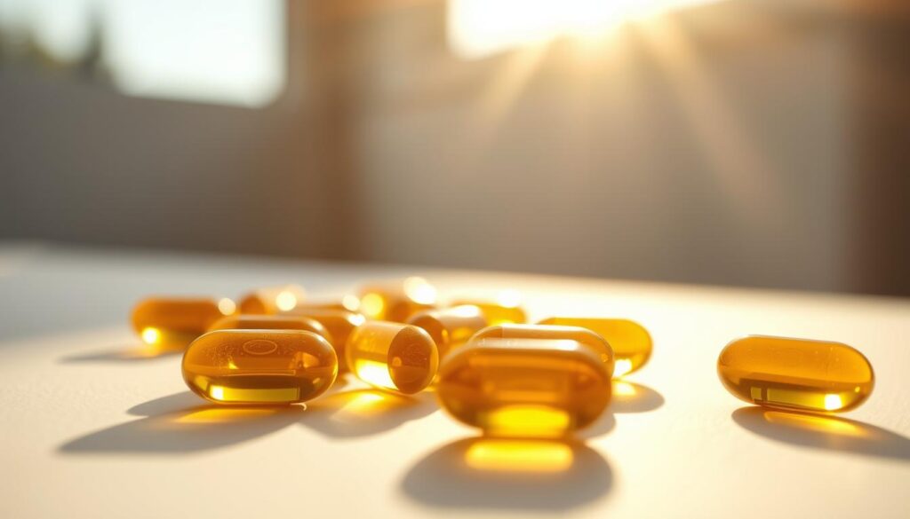 A meticulously detailed closeup of evening primrose oil capsules and softgels, backlit by warm golden hour lighting streaming through a window. The capsules are arranged neatly against a plain white background, casting soft shadows. The lighting creates a gentle, contemplative mood, highlighting the translucent, amber-hued oil inside the capsules. The depth of field is shallow, drawing the viewer's attention to the intricate textures and colors of the foreground elements. The overall composition conveys a sense of scientific study and research into the potential benefits of evening primrose oil for PMS relief.