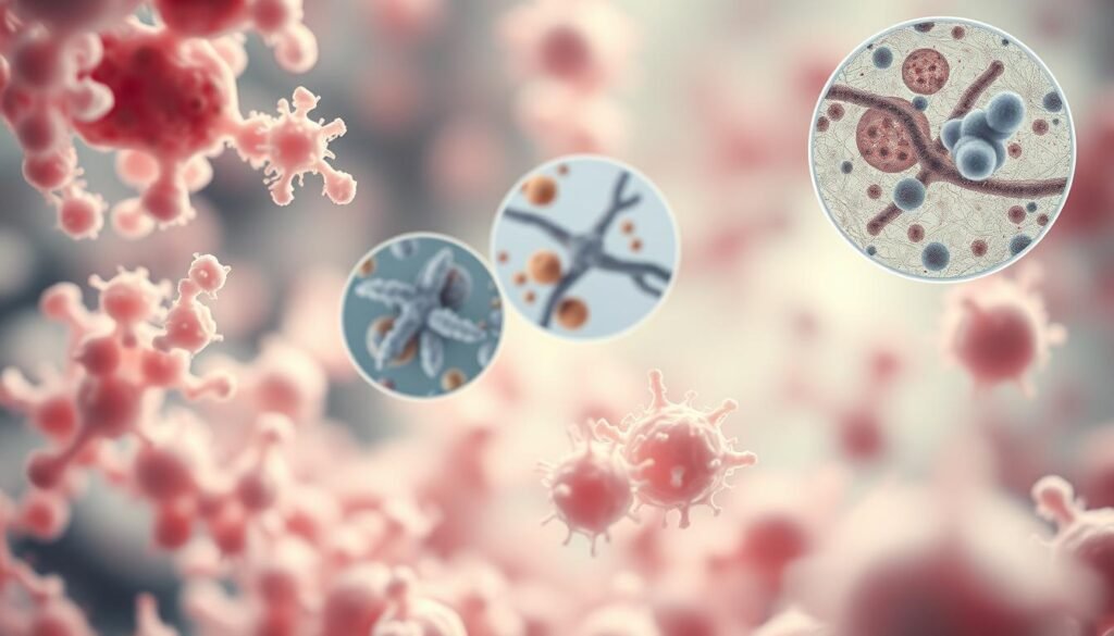 A meticulously detailed microscopic study of bacterial colonies, with a crisp and focused foreground showcasing intricate cellular structures, their shapes and patterns. In the middle ground, magnified views of Gram-positive and Gram-negative bacterial species, their morphologies and behaviors vividly rendered. The background blurs softly, hinting at the complex ecosystem in which these microorganisms thrive, creating a sense of scientific inquiry and discovery. Lit by soft, directional lighting that enhances the textural details, captured through a high-resolution lens with a shallow depth of field to isolate the key subjects. The overall mood is one of clinical precision, inviting the viewer to closely examine the fascinating world of bacteria.
