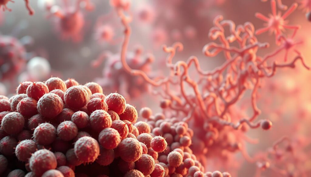 A microscopic scene depicting the diverse microbial community of the human gut microbiome. In the foreground, a colony of vibrant, spherical probiotic bacteria thrives, their cell walls intricately detailed. In the middle ground, a tapestry of rod-shaped and spiral-shaped microbes intertwine, representing the complex ecosystem. The background is hazy, suggesting the immense scale and complexity of the trillions of microorganisms that make up the human microbiome. The lighting is soft and diffused, creating a serene, almost ethereal atmosphere that conveys the delicate balance and symbiotic relationship between the human host and their internal microbial inhabitants. A microscopic scene depicting the diverse microbial community of the human gut microbiome. In the foreground, a colony of vibrant, spherical probiotic bacteria thrives, their cell walls intricately detailed. In the middle ground, a tapestry of rod-shaped and spiral-shaped microbes intertwine, representing the complex ecosystem. The background is hazy, suggesting the immense scale and complexity of the trillions of microorganisms that make up the human microbiome. The lighting is soft and diffused, creating a serene, almost ethereal atmosphere that conveys the delicate balance and symbiotic relationship between the human host and their internal microbial inhabitants.