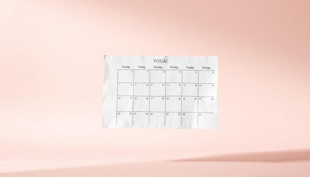 A minimalist, hand-drawn calendar layout floating in a serene, pastel-hued space. The calendar pages are rendered in a soft, textured style, each with a simple icon denoting a different yoga pose or lymphatic self-care activity. The background is a soft, gradient-filled void, creating a sense of focus and calm. Gentle, diffused lighting illuminates the scene, casting subtle shadows and highlights on the calendar elements. The overall mood is one of organization, clarity, and beginner-friendly guidance, perfectly suited to illustrate a "Day-by-Day Plan to Get Started" with lymphatic yoga.