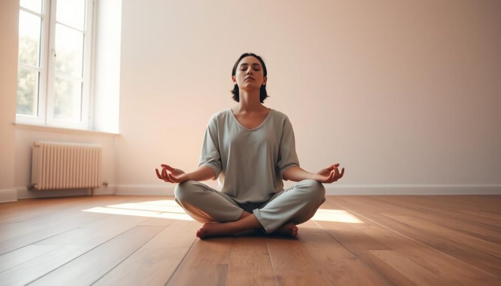 A minimalist, serene scene depicting "dopamine fasting". A person sits cross-legged on a wooden floor, eyes closed, in a state of deep meditation. The background is a simple, uncluttered room with white walls and natural light filtering in through a large window, creating a warm, inviting atmosphere. The figure is dressed in loose, comfortable clothing, conveying a sense of tranquility and focus. The lighting is soft and diffused, casting a gentle glow on the meditating individual. The overall mood is one of stillness, introspection, and a deliberate disconnection from external stimuli.