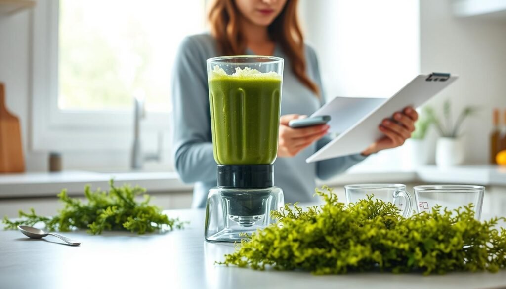 A modern kitchen counter, bathed in soft natural light from a nearby window. In the foreground, a glass blender stands ready, its contents a vibrant green concoction of freshly blended sea moss. Beside it, a neatly organized array of ingredients - fresh sea moss fronds, a spoon, a measuring cup, and a crisp white notepad. The middle ground features a serene, contemplative figure, a dietitian, closely examining the blender's contents, clipboard in hand, capturing the details of this month-long trial. The background subtly fades into a soft, minimalist setting, allowing the focal point to shine. The overall mood is one of scientific inquiry, calm concentration, and a sense of purposeful exploration into the potential benefits of this trending superfood. A modern kitchen counter, bathed in soft natural light from a nearby window. In the foreground, a glass blender stands ready, its contents a vibrant green concoction of freshly blended sea moss. Beside it, a neatly organized array of ingredients - fresh sea moss fronds, a spoon, a measuring cup, and a crisp white notepad. The middle ground features a serene, contemplative figure, a dietitian, closely examining the blender's contents, clipboard in hand, capturing the details of this month-long trial. The background subtly fades into a soft, minimalist setting, allowing the focal point to shine. The overall mood is one of scientific inquiry, calm concentration, and a sense of purposeful exploration into the potential benefits of this trending superfood.