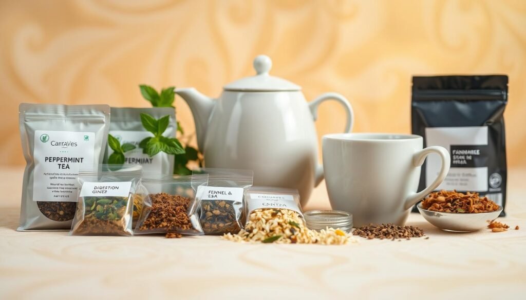 A neatly arranged display of various herbal tea bags and loose leaf infusions against a soft, warm-toned background. The foreground features a selection of calming teas known to aid in digestion and soothe bloating, such as peppermint, ginger, chamomile, and fennel. The middle ground showcases a stylish ceramic teapot and matching cups, hinting at the ritual of brewing and enjoying these therapeutic beverages. The background has a subtle, blurred pattern that evokes a sense of tranquility, with gentle lighting casting a golden glow over the scene. The overall composition conveys the comforting and restorative qualities of these herbal teas, inviting the viewer to indulge in a soothing moment of relaxation and relief. A neatly arranged display of various herbal tea bags and loose leaf infusions against a soft, warm-toned background. The foreground features a selection of calming teas known to aid in digestion and soothe bloating, such as peppermint, ginger, chamomile, and fennel. The middle ground showcases a stylish ceramic teapot and matching cups, hinting at the ritual of brewing and enjoying these therapeutic beverages. The background has a subtle, blurred pattern that evokes a sense of tranquility, with gentle lighting casting a golden glow over the scene. The overall composition conveys the comforting and restorative qualities of these herbal teas, inviting the viewer to indulge in a soothing moment of relaxation and relief.