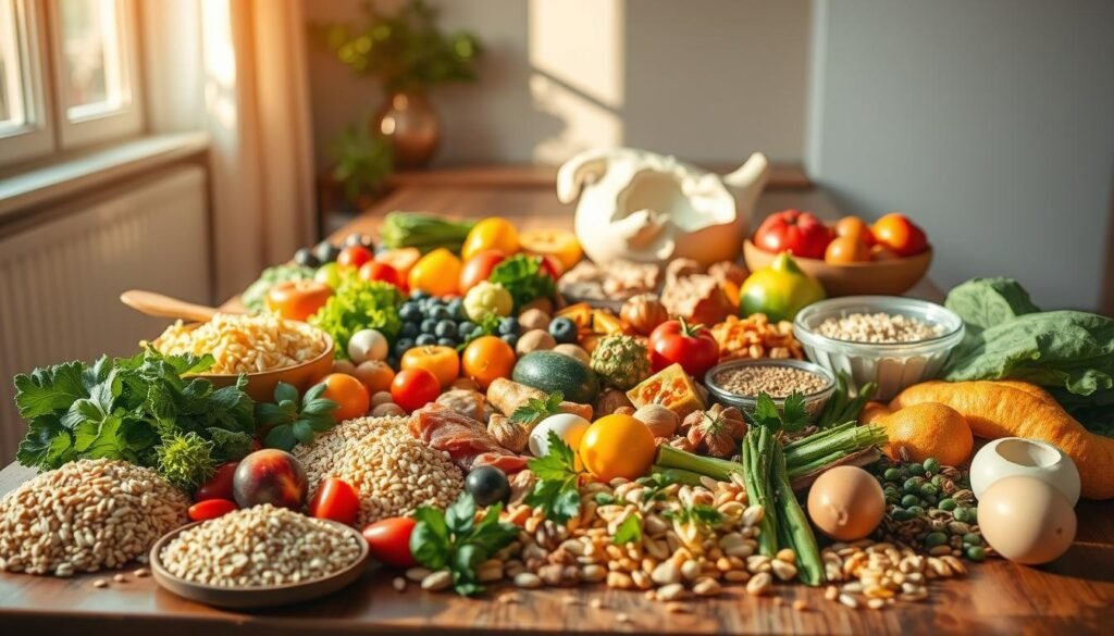 A nourishing still life arrangement of fresh, vibrant ingredients laid out on a wooden table, bathed in warm, golden natural light. In the foreground, an array of whole grains, colorful vegetables, and a variety of protein sources such as lean meats, eggs, and legumes. In the middle ground, an assortment of fruits, nuts, and seeds, conveying a sense of balance and wholesome nutrition. The background features a minimalist, airy setting, allowing the focus to remain on the bountiful, carefully curated selection of nutritious foods. The overall scene exudes a sense of wellness, harmony, and a celebration of the beauty and abundance of natural, wholesome sustenance.