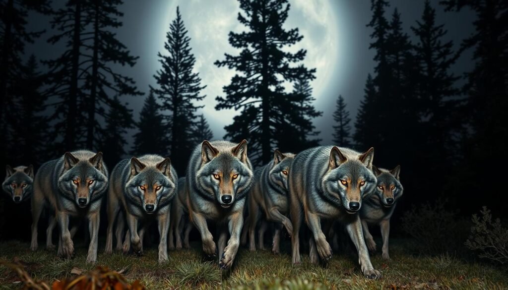 A pack of fierce gray wolves prowling through a moonlit forest, their eyes gleaming with intensity. The wolves move with graceful, predatory strides, their thick fur coats glistening in the soft, diffused light. In the background, tall, ancient pine trees reach up towards a starry night sky, casting dramatic shadows across the scene. The overall atmosphere is one of primal power and quiet, focused determination - a perfect representation of the "Wolf" chronotype's optimal schedule and way of life.