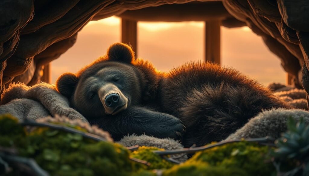 A peaceful bear resting in a cozy den, surrounded by natural elements. The bear's posture is relaxed, eyes closed, with a content expression. Warm, soft lighting illuminates the scene, creating a soothing, introspective atmosphere. The foreground features lush, earthy textures of moss, twigs, and a soft fur blanket. In the middle ground, a window reveals a scenic landscape of rolling hills and a distant forest. The background is hazy, with soft, muted tones, evoking a sense of tranquility and harmony. The overall composition conveys the bear's comfortable, grounded chronotype, embodying the essence of a slow, deliberate, and rejuvenating lifestyle.