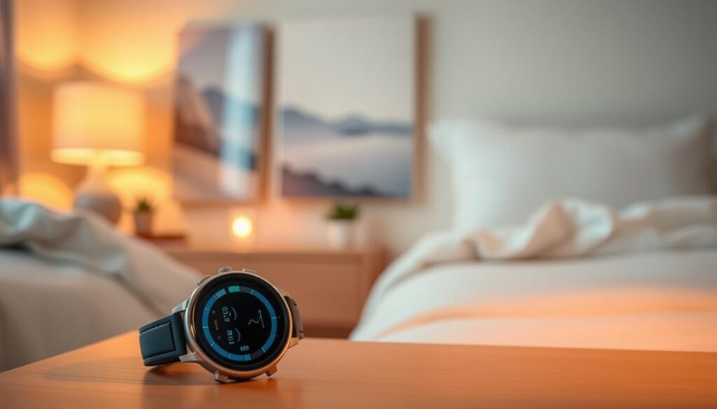 A peaceful bedroom setting with a smartwatch on a bedside table, displaying a sleep tracking interface. The room is bathed in soft, warm lighting, creating a relaxing ambiance. The watch's display shows detailed sleep data, reflecting the meticulous monitoring of the user's sleep patterns. In the background, a serene landscape or minimal abstract art provides a calming backdrop, emphasizing the importance of a tranquil environment for quality sleep. The overall composition conveys a sense of mindfulness and personal wellness, perfectly encapsulating the theme of "sleep tracking" for the article's section on sleep coach recommendations. A peaceful bedroom setting with a smartwatch on a bedside table, displaying a sleep tracking interface. The room is bathed in soft, warm lighting, creating a relaxing ambiance. The watch's display shows detailed sleep data, reflecting the meticulous monitoring of the user's sleep patterns. In the background, a serene landscape or minimal abstract art provides a calming backdrop, emphasizing the importance of a tranquil environment for quality sleep. The overall composition conveys a sense of mindfulness and personal wellness, perfectly encapsulating the theme of "sleep tracking" for the article's section on sleep coach recommendations.