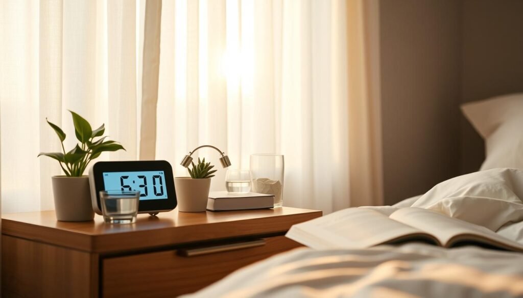 A peaceful, softly lit bedroom at dawn. The focus is on a bedside table with a simple digital alarm clock displaying the time, surrounded by objects that symbolize healthy sleep habits - a small potted plant, a glass of water, and a book. The walls are a calming neutral color, and gentle morning light streams through sheer curtains, casting a warm glow across the scene. The overall mood is one of tranquility, inviting the viewer to imagine how this simple, low-cost setup could transform their own sleep and focus.