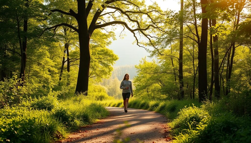 A peaceful, sun-dappled forest path winds through lush greenery. In the foreground, a person walks slowly, their steps measured and deliberate, eyes focused downward in meditative concentration. Their body moves with a graceful, unhurried rhythm, the only sound the gentle crunching of leaves underfoot. The middle ground features towering trees, their branches creating a natural canopy that filters the warm sunlight, casting a soft, diffused glow across the scene. In the background, the forest recedes into a hazy, tranquil distance, conveying a sense of calm and solitude. This image evokes the tranquility and mindfulness of a walking meditation practice.