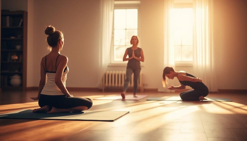 A peaceful yoga studio filled with natural light. In the foreground, a person is doing a seated forward bend pose, gently stretching the spine and stimulating the thyroid gland. The middle ground features a woman in a camel pose, opening the chest and activating the adrenal glands. In the background, a person in a child's pose, calming the mind and regulating the pituitary gland. Soft, warm lighting bathes the scene, creating a serene, meditative atmosphere. The poses are carefully selected to illustrate how specific yoga asanas can support the endocrine system and promote hormonal balance. A peaceful yoga studio filled with natural light. In the foreground, a person is doing a seated forward bend pose, gently stretching the spine and stimulating the thyroid gland. The middle ground features a woman in a camel pose, opening the chest and activating the adrenal glands. In the background, a person in a child's pose, calming the mind and regulating the pituitary gland. Soft, warm lighting bathes the scene, creating a serene, meditative atmosphere. The poses are carefully selected to illustrate how specific yoga asanas can support the endocrine system and promote hormonal balance.
