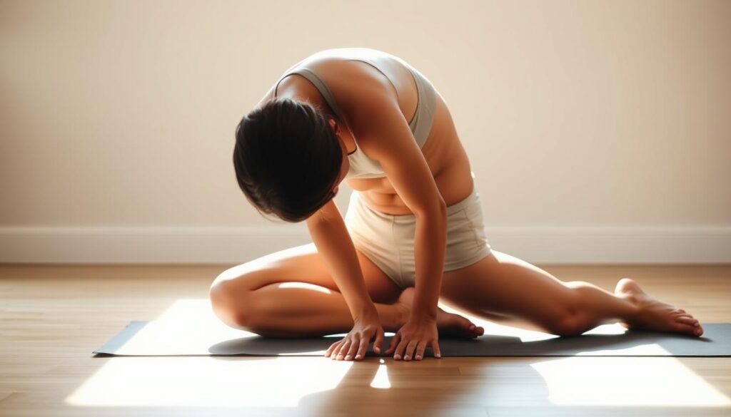 A person in a seated forward fold yoga pose, legs extended and torso bent over, hands placed on the floor in front. Soft natural lighting from the side illuminates the figure, creating gentle shadows. The pose conveys a sense of grounding, introspection, and adrenal stress relief. The background is a serene, calming environment, perhaps a tranquil studio or nature setting. The overall mood is one of relaxation, mindfulness, and the positive physiological effects of this restorative posture on the endocrine system. A person in a seated forward fold yoga pose, legs extended and torso bent over, hands placed on the floor in front. Soft natural lighting from the side illuminates the figure, creating gentle shadows. The pose conveys a sense of grounding, introspection, and adrenal stress relief. The background is a serene, calming environment, perhaps a tranquil studio or nature setting. The overall mood is one of relaxation, mindfulness, and the positive physiological effects of this restorative posture on the endocrine system.