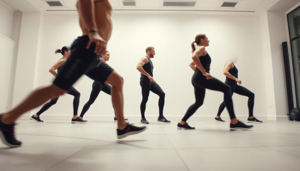 A person performing a series of lower body mobility exercises in a well-lit, minimalist gym setting. The foreground shows the person's legs and hips in motion, with a focus on fluid, controlled movements that target flexibility and range of motion. The middle ground features a neutral background, with clean, white walls and subtle patterns on the floor. The lighting is bright and evenly distributed, creating a sense of clarity and intention. The angle is a medium shot, capturing the person's torso and lower body, showcasing the exercises in detail. The overall atmosphere is one of purposeful, functional movement, emphasizing the importance of mobility as the foundation for strength and performance. A person performing a series of lower body mobility exercises in a well-lit, minimalist gym setting. The foreground shows the person's legs and hips in motion, with a focus on fluid, controlled movements that target flexibility and range of motion. The middle ground features a neutral background, with clean, white walls and subtle patterns on the floor. The lighting is bright and evenly distributed, creating a sense of clarity and intention. The angle is a medium shot, capturing the person's torso and lower body, showcasing the exercises in detail. The overall atmosphere is one of purposeful, functional movement, emphasizing the importance of mobility as the foundation for strength and performance.