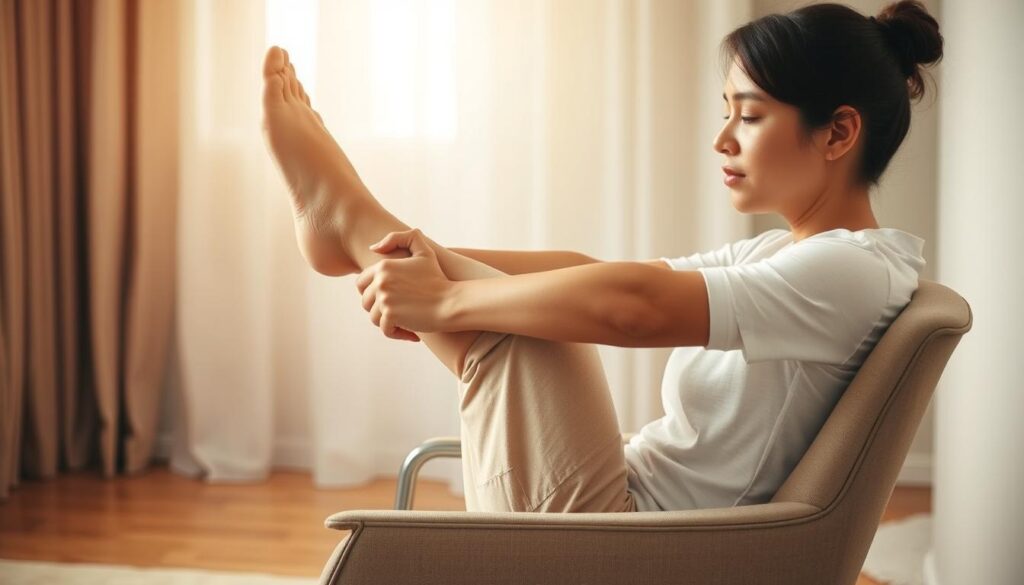 A person seated in a chair, their back against the wall, intently stretching their calf muscle. The scene is bathed in soft, warm lighting, creating a calming, restorative atmosphere. The chair is simple, yet stylish, in a neutral color that complements the overall tone. The person's expression is one of focused relaxation, their face serene as they hold the stretch. The background is blurred, drawing the viewer's attention to the central figure and their therapeutic pose. The image conveys a sense of tranquility and the relief that can be found in this simple, yet effective, stretch for restless legs and improved sleep. A person seated in a chair, their back against the wall, intently stretching their calf muscle. The scene is bathed in soft, warm lighting, creating a calming, restorative atmosphere. The chair is simple, yet stylish, in a neutral color that complements the overall tone. The person's expression is one of focused relaxation, their face serene as they hold the stretch. The background is blurred, drawing the viewer's attention to the central figure and their therapeutic pose. The image conveys a sense of tranquility and the relief that can be found in this simple, yet effective, stretch for restless legs and improved sleep.