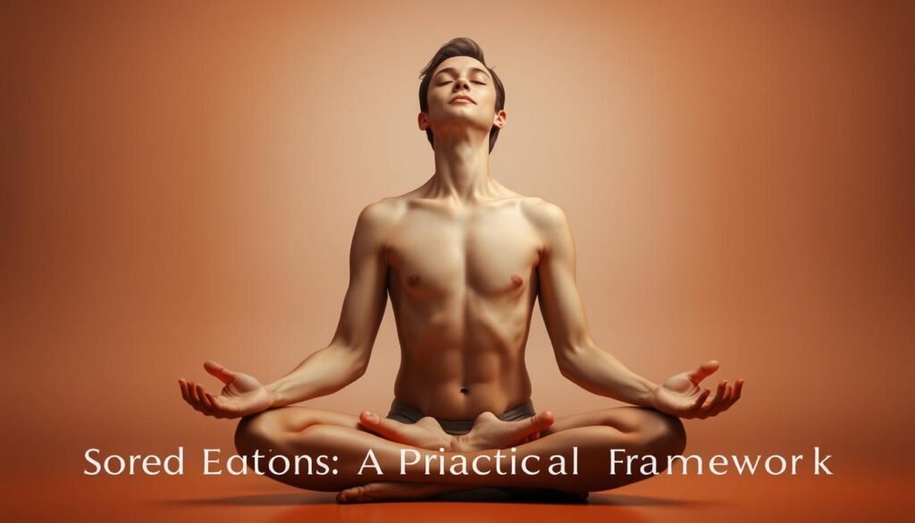 A person seated in a meditative pose, eyes closed, deeply focused on their inner experience. Their body is rendered in warm, earthy tones, with a soft, diffused lighting that enhances the sense of introspection. The background is blurred, creating a sense of isolation and stillness, allowing the viewer to be drawn into the subject's state of awareness. The composition is centered and balanced, conveying a sense of calm and grounding. The overall atmosphere is one of quiet contemplation, reflecting the theme of "Stored Emotions Somatic Therapy: A Practical Framework".