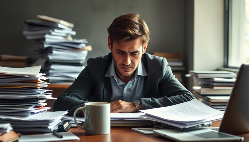 A person sitting at a cluttered desk, surrounded by stacks of papers, open laptops, and a mug of coffee, their face expressing a mixture of stress and fatigue. The lighting is harsh, casting deep shadows and creating a sense of tension. The background is blurred, suggesting a nondescript office space, adding to the feeling of being overwhelmed by the workload. The overall atmosphere conveys the common causes and risk factors that can contribute to burnout in a work environment. A person sitting at a cluttered desk, surrounded by stacks of papers, open laptops, and a mug of coffee, their face expressing a mixture of stress and fatigue. The lighting is harsh, casting deep shadows and creating a sense of tension. The background is blurred, suggesting a nondescript office space, adding to the feeling of being overwhelmed by the workload. The overall atmosphere conveys the common causes and risk factors that can contribute to burnout in a work environment.