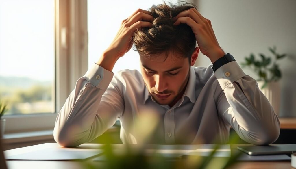 A person sitting at a desk, looking overwhelmed with their hands on their head. The lighting is soft and warm, casting a glow on their face, conveying a sense of introspection and contemplation. In the background, a window overlooking a serene landscape, hinting at the need for balance and perspective. The foreground is slightly blurred, drawing the viewer's attention to the central figure, who appears to be at a crossroads, considering whether to seek professional help to manage their stress and prevent burnout. A person sitting at a desk, looking overwhelmed with their hands on their head. The lighting is soft and warm, casting a glow on their face, conveying a sense of introspection and contemplation. In the background, a window overlooking a serene landscape, hinting at the need for balance and perspective. The foreground is slightly blurred, drawing the viewer's attention to the central figure, who appears to be at a crossroads, considering whether to seek professional help to manage their stress and prevent burnout.