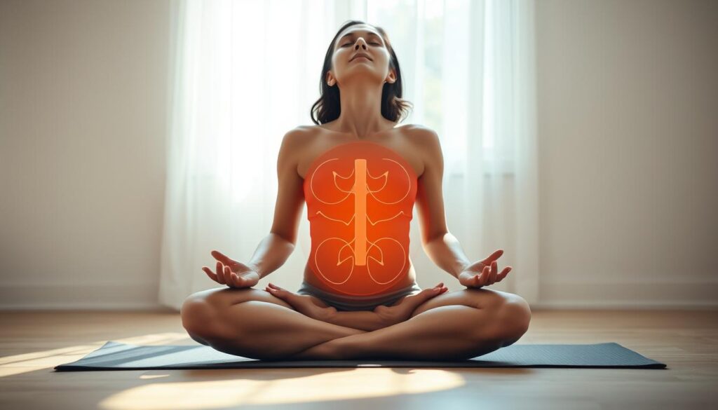 A person sitting cross-legged on a yoga mat, their hands resting gently on their thighs, eyes closed in deep concentration. The diaphragm expands and contracts with each slow, deliberate breath, creating a visible pulsing motion that appears to stimulate the lymphatic system. The scene is bathed in soft, diffused natural light, creating a peaceful, meditative atmosphere. The background is blurred, allowing the focus to remain on the individual and the internal process of lymphatic drainage through diaphragmatic breathing. A person sitting cross-legged on a yoga mat, their hands resting gently on their thighs, eyes closed in deep concentration. The diaphragm expands and contracts with each slow, deliberate breath, creating a visible pulsing motion that appears to stimulate the lymphatic system. The scene is bathed in soft, diffused natural light, creating a peaceful, meditative atmosphere. The background is blurred, allowing the focus to remain on the individual and the internal process of lymphatic drainage through diaphragmatic breathing.