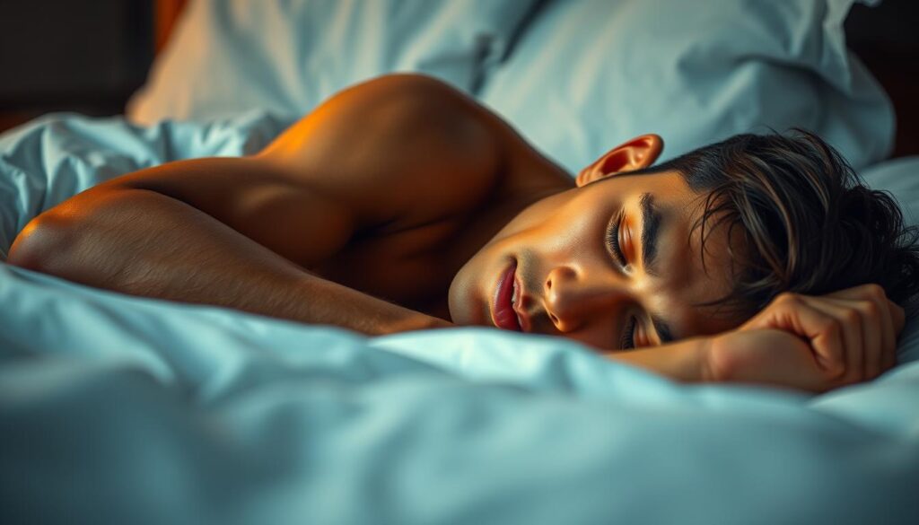 A person sleeping peacefully, exuding an aura of strength and speed. The foreground depicts their face, with a serene expression and glowing skin illuminated by warm, diffuse lighting, suggesting an inner vitality. The middle ground showcases their muscular, athletic body resting on crisp, white sheets, conveying a sense of power and swiftness. The background is blurred, creating a sense of focus on the subject's physical prowess and the rejuvenating effects of their slumber. The overall mood is one of restorative tranquility, hinting at the immense energy and agility that will be unlocked upon waking.