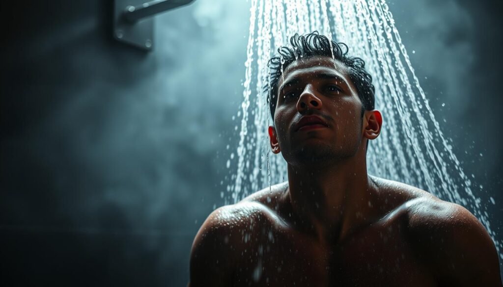 A person taking a refreshing cold shower, their body reacting with alertness and invigorating energy. The foreground captures the steam rising and the person's face expressing a sense of focus and determination. The middle ground depicts the shower spray cascading over the person's shoulders, creating a dynamic visual. The background is hazy, emphasizing the sensations of the moment - the chill of the water, the prickling of the skin, the heightened awareness. Dramatic side lighting casts dramatic shadows, adding depth and a moody, cinematic atmosphere. The overall scene conveys the bracing, awakening effects of a cold shower routine. A person taking a refreshing cold shower, their body reacting with alertness and invigorating energy. The foreground captures the steam rising and the person's face expressing a sense of focus and determination. The middle ground depicts the shower spray cascading over the person's shoulders, creating a dynamic visual. The background is hazy, emphasizing the sensations of the moment - the chill of the water, the prickling of the skin, the heightened awareness. Dramatic side lighting casts dramatic shadows, adding depth and a moody, cinematic atmosphere. The overall scene conveys the bracing, awakening effects of a cold shower routine.